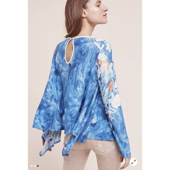 Anthropologie Meadow Rue Linen Fields Swing Top Blue Floral Asymmetric boho art - Picture 3 of 12